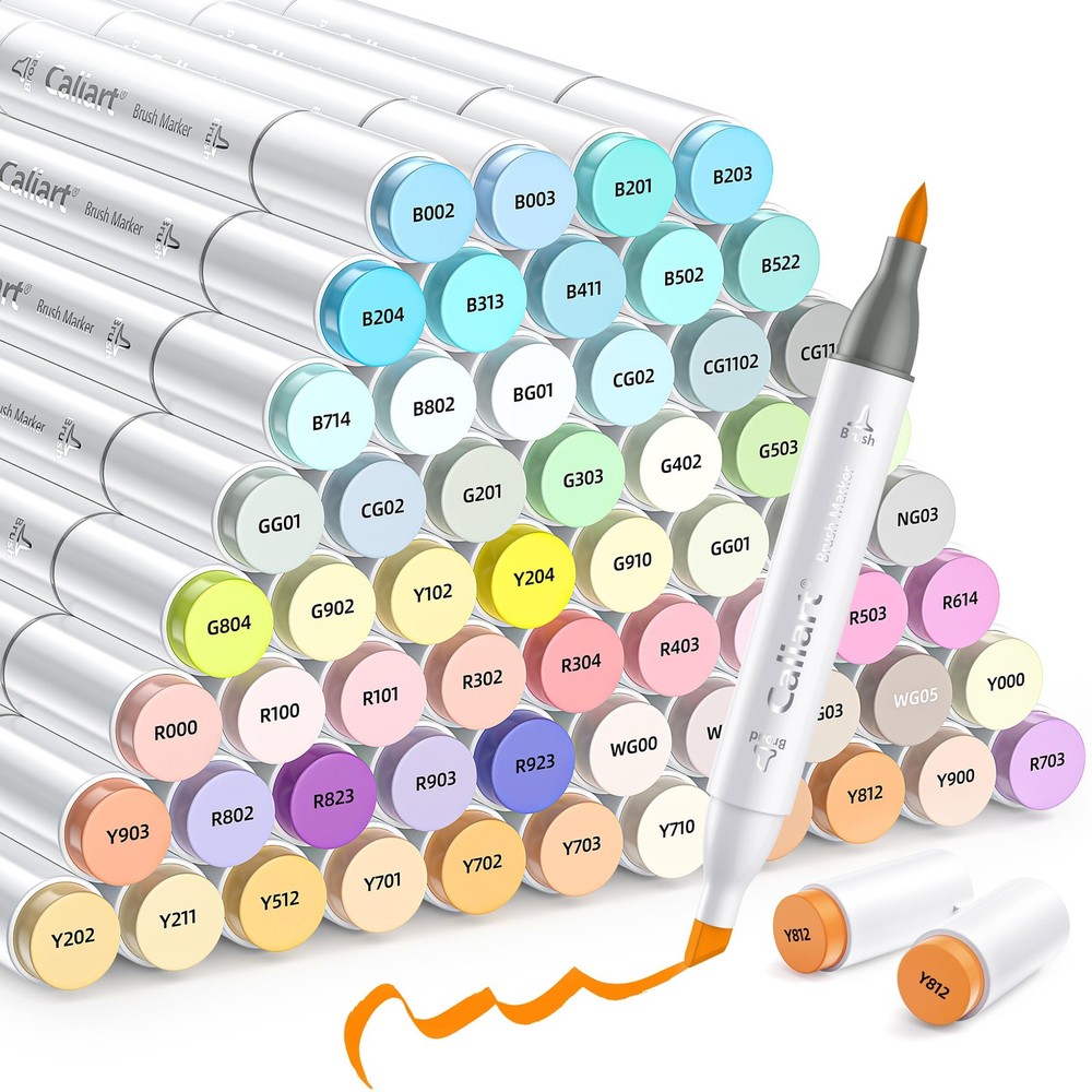 Pastel Alcohol Markers Brush Tip 61 Colors, Dual Tip Chisel & Brush Set Perma…