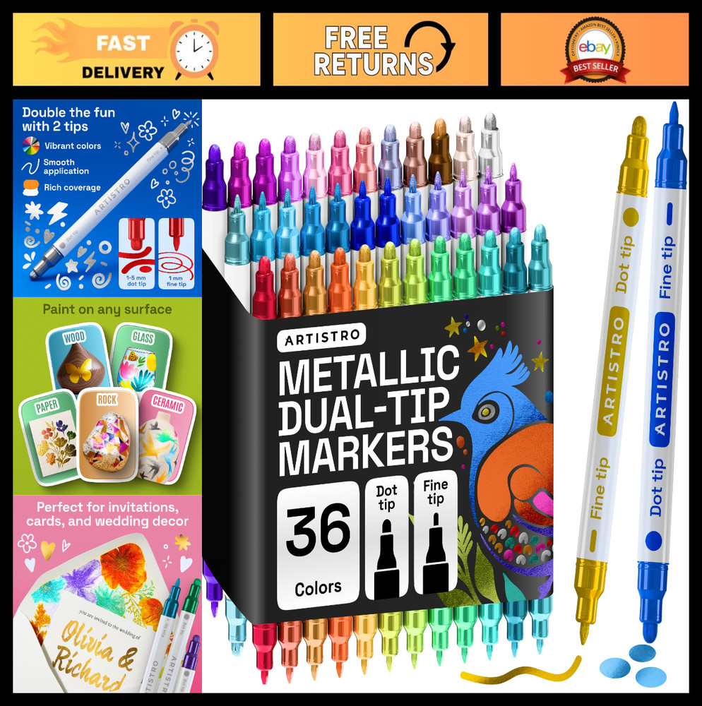 36 Metallic Dual-Tip Acrylic Paint Markers Set – Fine & Dot Tips for Fabric, Roc