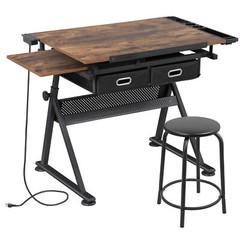 Retro Drafting Table and Stool Set with Outlet Adjustable Artist Drawing Table