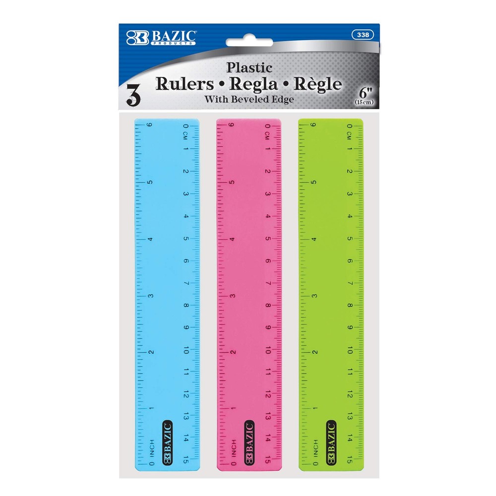 BAZIC Products Plastic Ruler 6″ (15cm), 1-Pack, Assorted Colors (3-count)