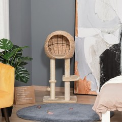 39-Inch Modern Beige Cat Furniture: Condo, Scratch Post & Hanging Rope