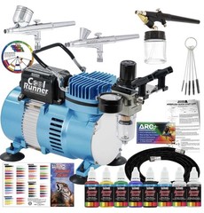 Master 3 Airbrush, Air Compressor & Hose Kit, 6 Primary Colors Acrylic Paint Set