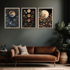 3Pcs Framed Moon Phase Plant Wall Art Canvas Retro Moon Flower Decoration Pri…