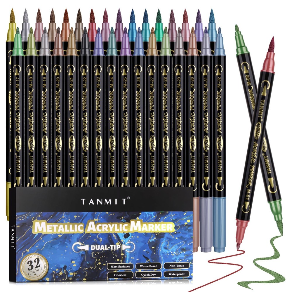 TANMIT 32 Colors Metallic Marker Pens, Dual Tip Acrylic Paint Pens Markers fo