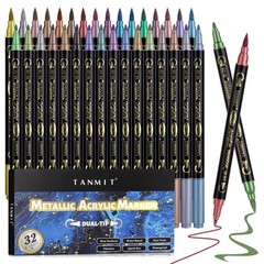 TANMIT 32 Colors Metallic Marker Pens, Dual Tip Acrylic Paint Pens Markers fo
