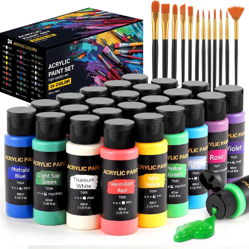 Acrylic Paint Set, 24 Colors (2 oz/Bottle) with 12 Art Brushes, Art Supplies