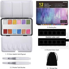 12 Color Metallic Glitter Watercolor Paints Set 2 Brushes 2 Color Cards Bag