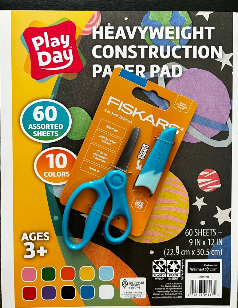 THREE of each: 3 Multi color Construction Paper (60 pgs), 3 Scissors Set, Kids