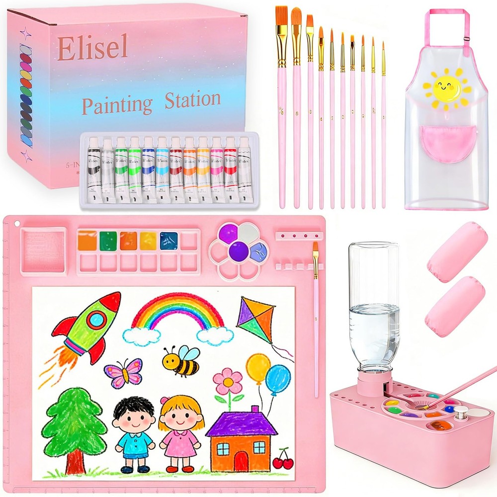 Elisel Painting Station,5 IN 1 Art Paint Supplies 5 Count (Pack of 1), Pink