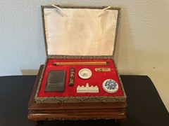 Chinese Calligraphy Set Patterned Hinged Case Brush Ink Stick Porcelain Dishes