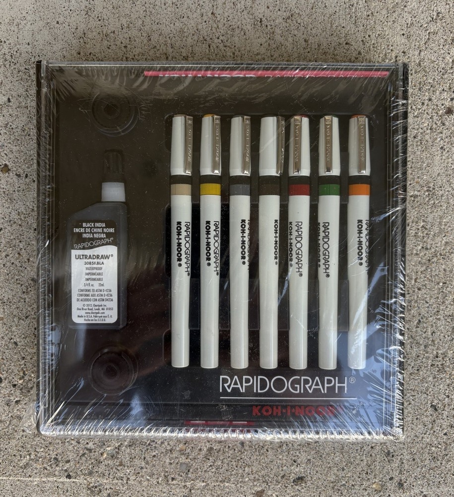 New Sealed KOH-I-NOOR RAPIDOGRAPH Set 7 Pens, Ink 3165-SP-7