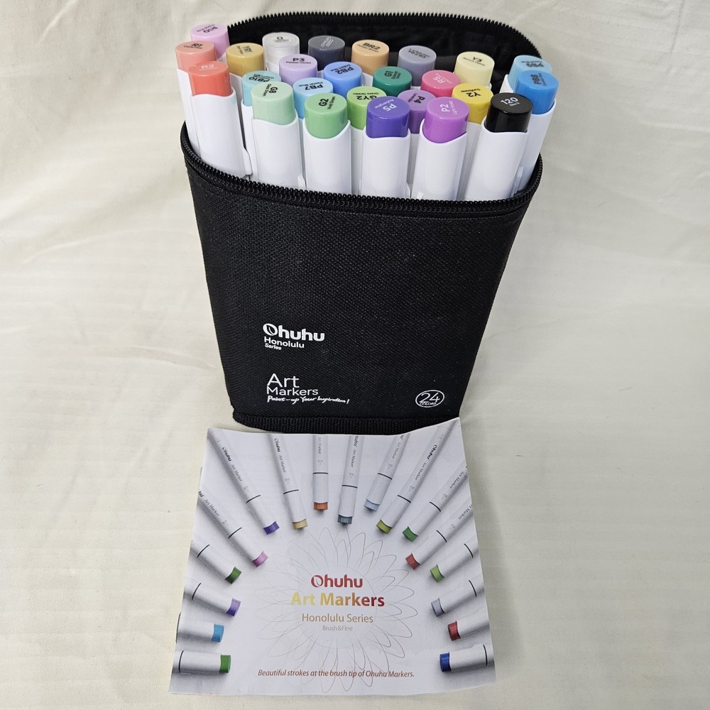 Ohuhu Art Marker Set 24 Assorted Dual Tip Multicolor in Black Zip Carry Case