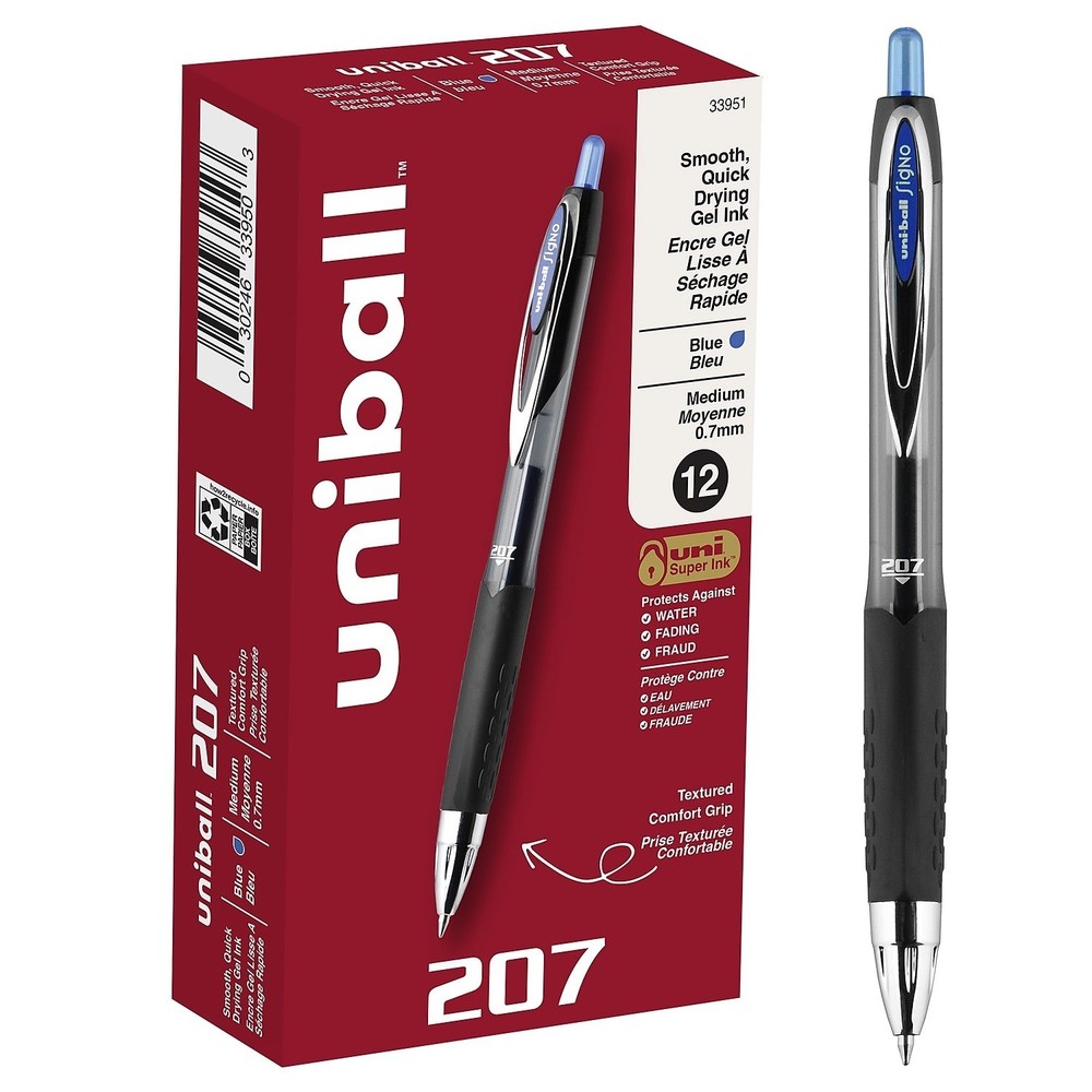 uni-ball 207 Retractable Gel Pens Medium Point 0.7mm Blue Ink 12 Pack 33951