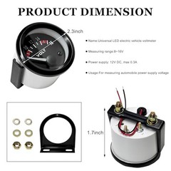 Car Voltage Meter Gauge, 12V 52mm/2in 8~16V Car Voltage Tester with White LED