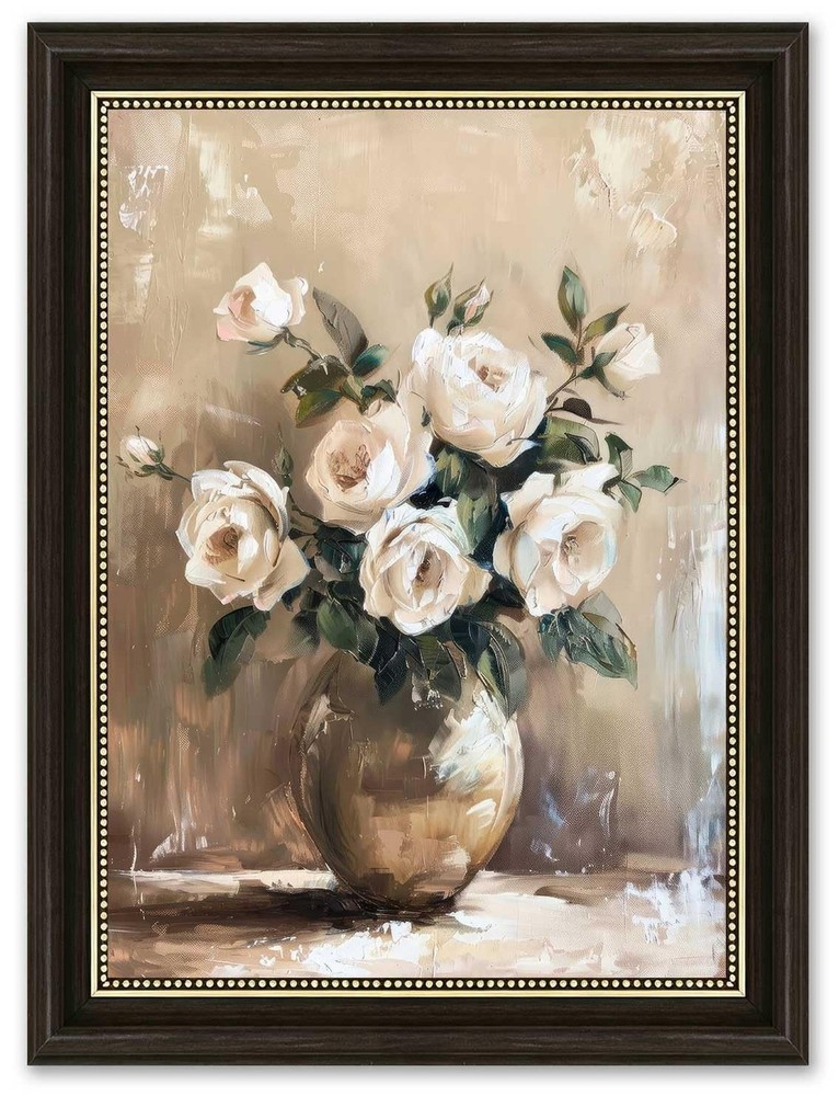 Black Gold Framed Vintage Still Life Floral Wall Art, White Rose Painting Pic…