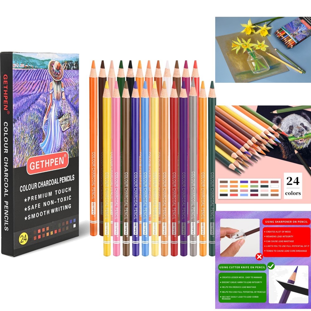 Set of 24 Pastel Chalk Colored Charcoal Pencils for Drawing Sketching Coloring