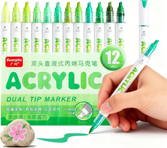 12 Colors Dual Tip Acrylic Paint Markers, Gray and Black Color — Extra Fine & So