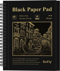 Black Paper Sketch Pad, 60 Sheets Spiral Sketch Book 8.5 x 11, 90lb/150gsm Bl…
