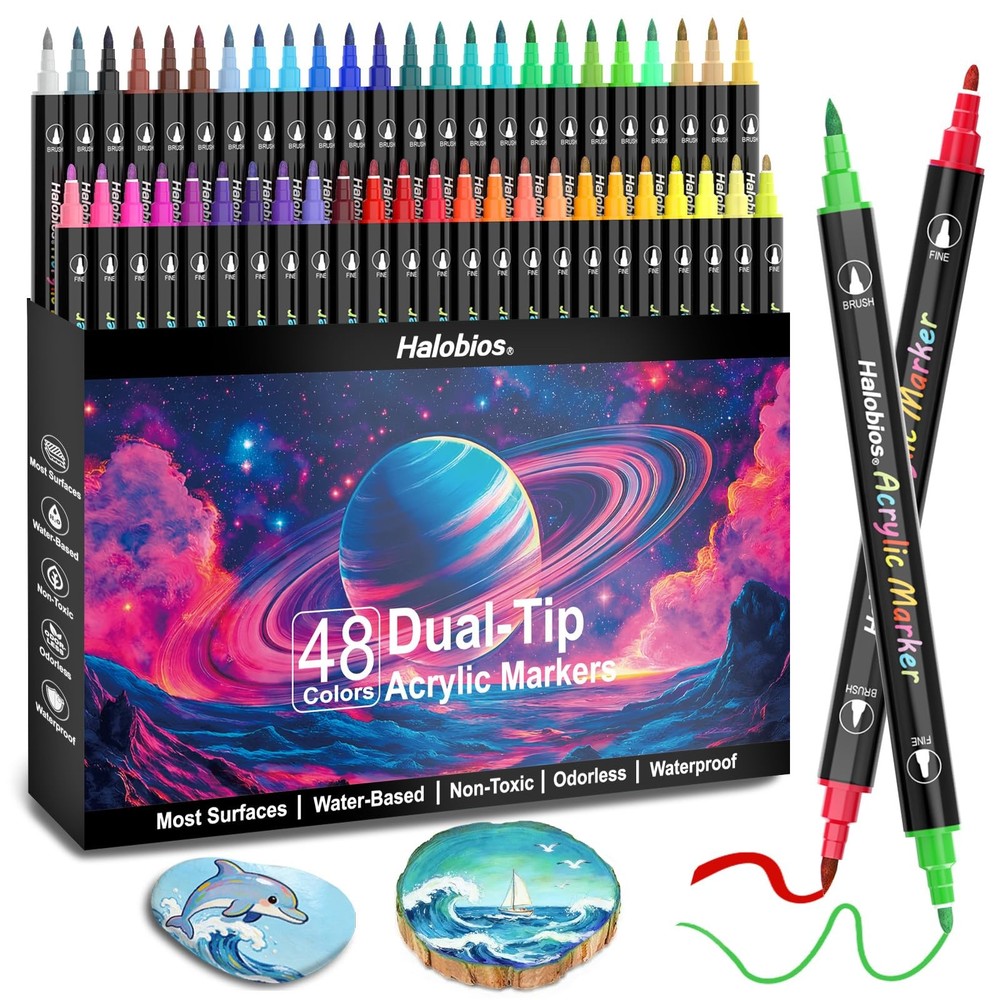 48 Colours Acrylic Paint Markers, Dual Tip Brush Paint Markers with Brush Tip…