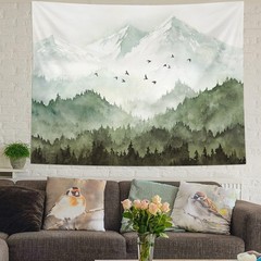 kampdream Mountain Forest Tapestry, Misty Foggy Sage Green Tree Landscape Wat…