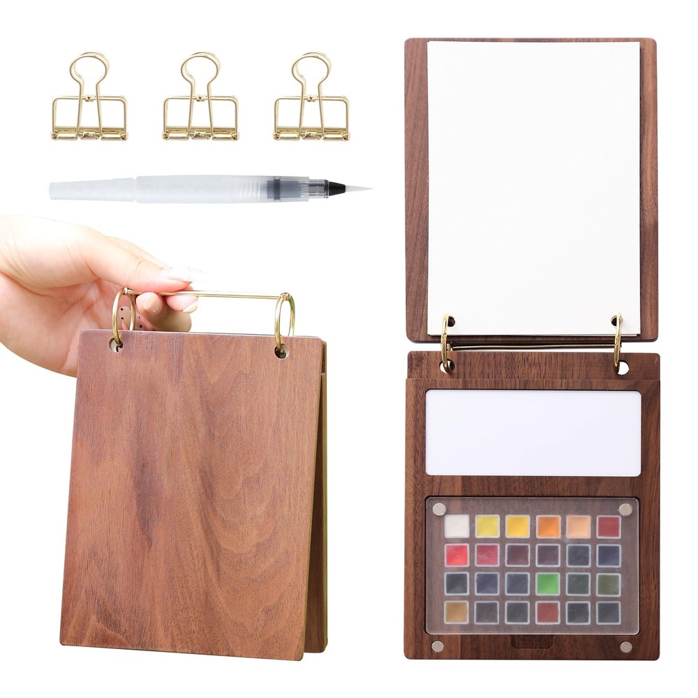 24-Color Walnut Set – Portable Travel Art Kit with Drawing and Refillable Bru…