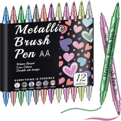 Prudiut 12 Pack Metallic Markers, Dual Tip Metallic Paint Pens, Water Based Acry