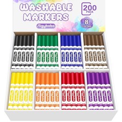 200 Washable Markers Bulk Pack – 8 Assorted Colors, Broad Tip, Art Supplies for