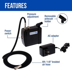 Master Model C16-B – Black Mini Airbrush Air Compressor with 6 Foot Braided A…