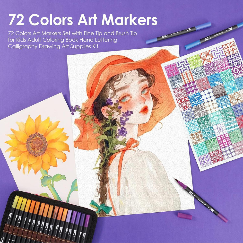 Double Brush Marker Pens, 72 Colors Art Markers Set with Fine Tip and Brush T…