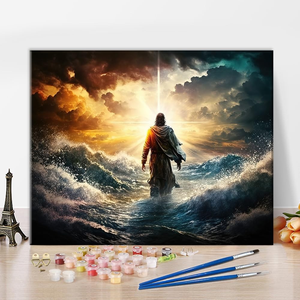 Jesus Paint by Numbers Kit, Figure of Jesus Walks on Water on Beautiful Sunset..