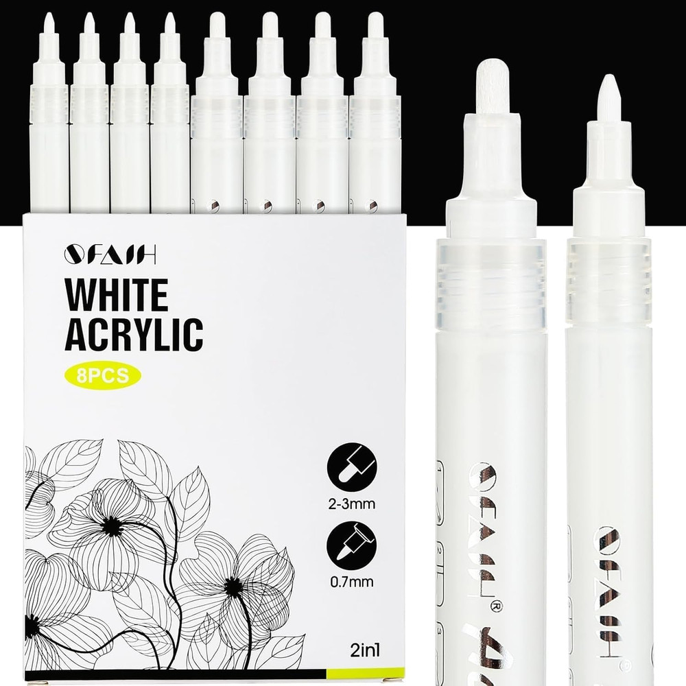 Acrylic White Paint Pens – 8 Pack 2-3MM Medium Tip & 0.7MM Extra Fine Paint Mark