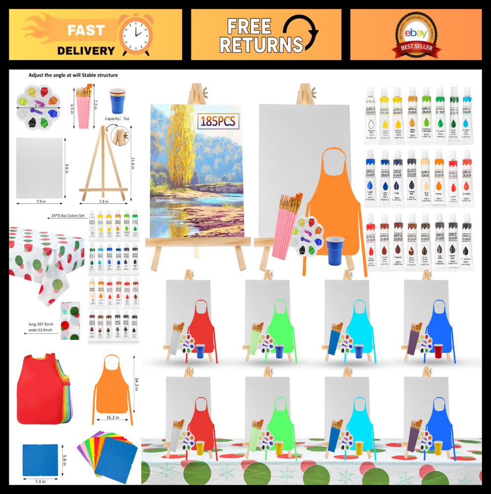 185 Pcs Art Painting Supplies Set – 100 Brushes, 24 Acrylics, Easels, Canvas & M