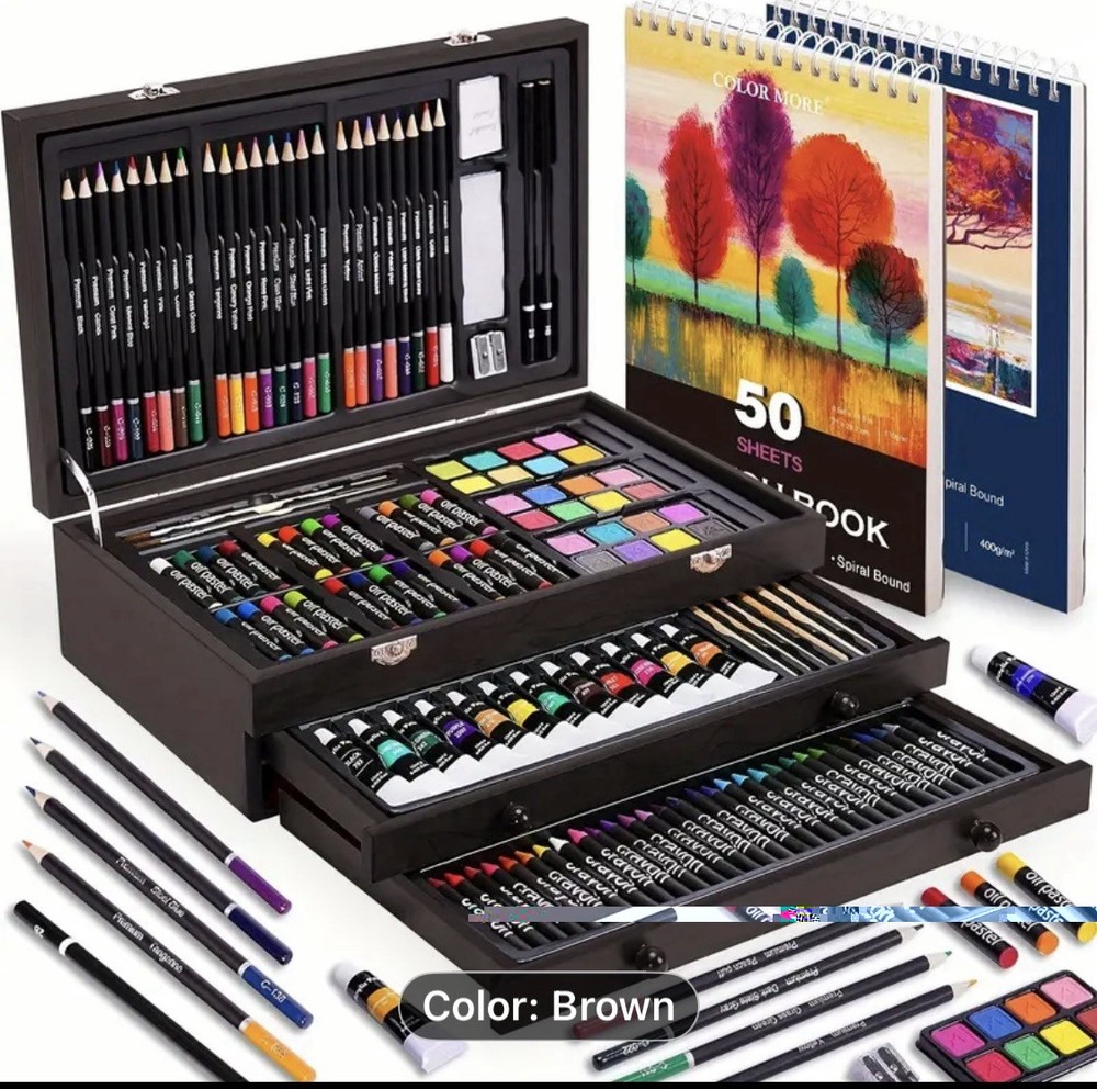 175 piece deluxe art set w/five media in Brown wooden box NEW Shipping Included