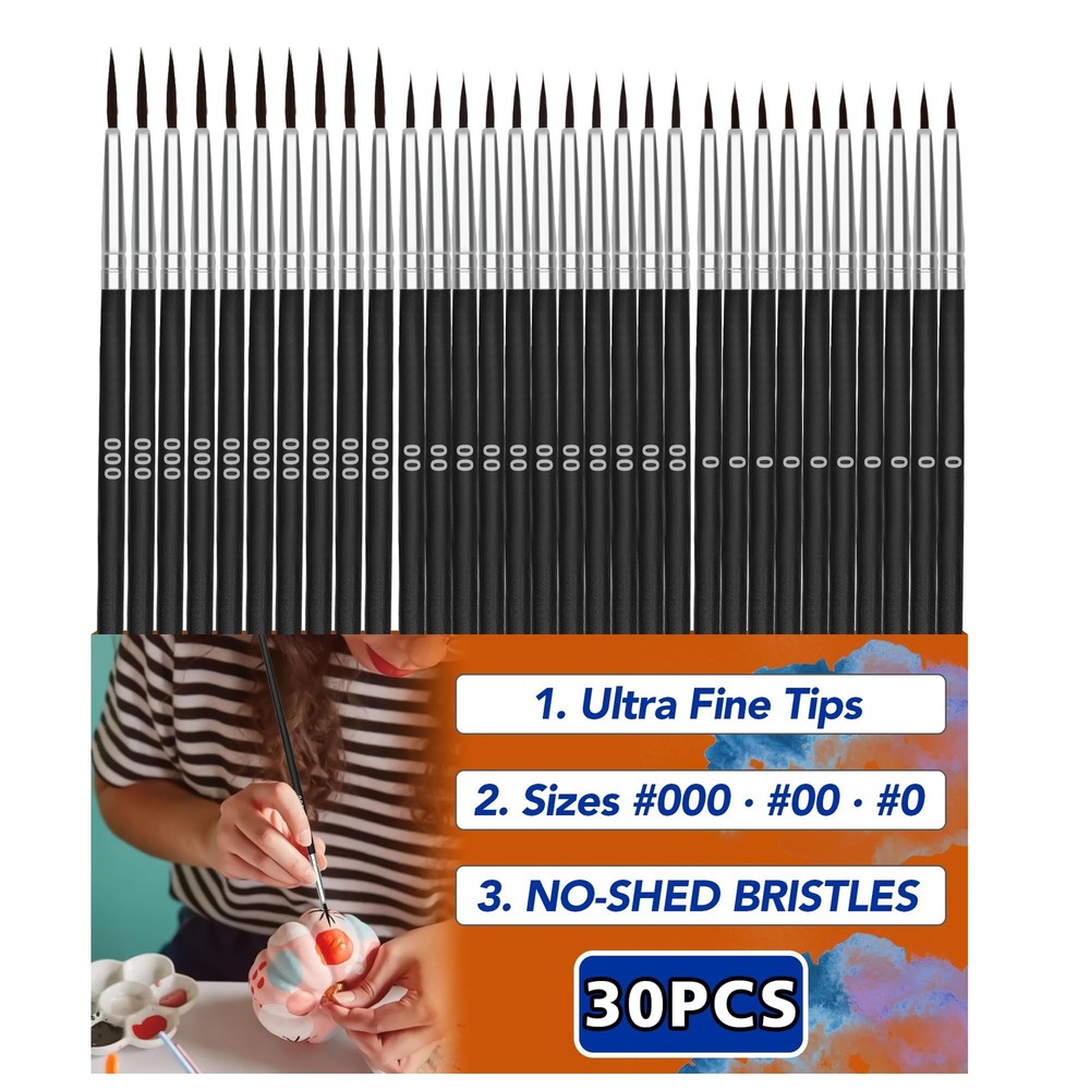 30 Pcs Tiny Detail Paint Brushes Set – Fine #0#00#000 Liner 3 sizes, Black