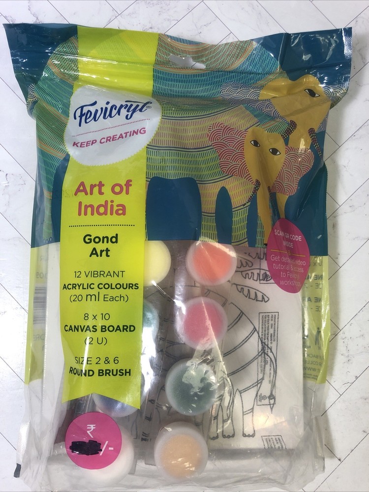 Fevicryl Art of India Gond Art Kit 12 Acrylic Colors Canvas Board 2 Brushes