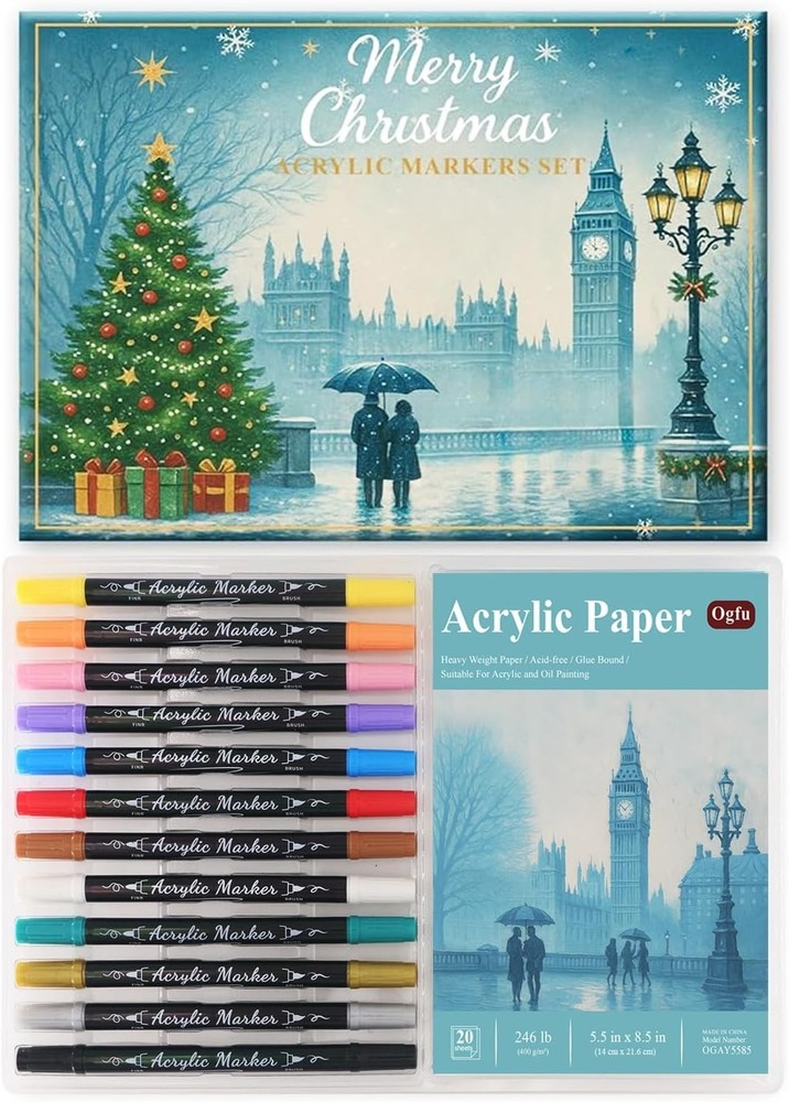 Dual Tip Acrylic Paint Markers 12 Colors Set Art Kit with 400GSM Paper Pad