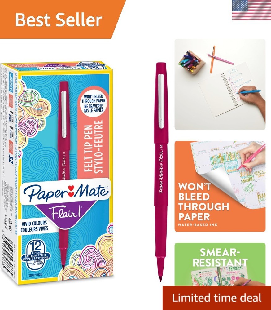 12 Magenta Felt Tip Pens – No-Bleed Medium Point Markers for Students & Artists