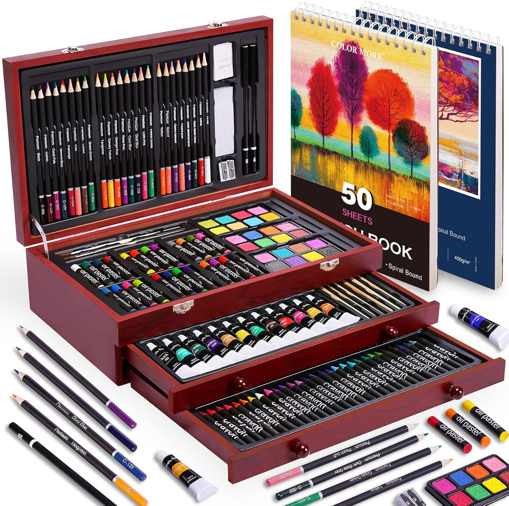 175 Piece Deluxe Art Set with 2 Drawing Pads, Acrylic Paints, Crayons, Colored P