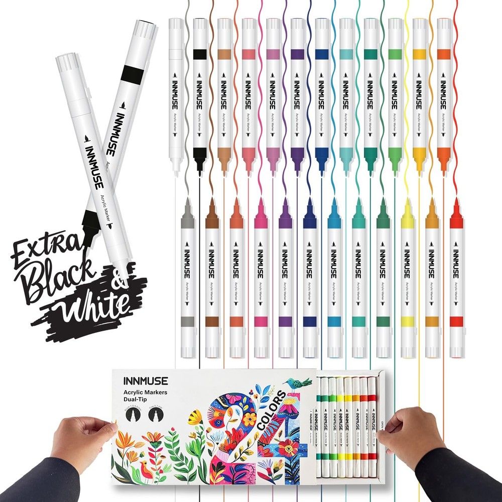 26 PCS Dual Tip Acrylic Paint Pens Set 0.7mm Extra Fine Brush Permanent Art