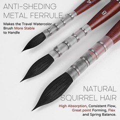 Squirrel Hair Travel Watercolor Brushes, Fuumuui 3pcs Natural Soft Squirrel Mop