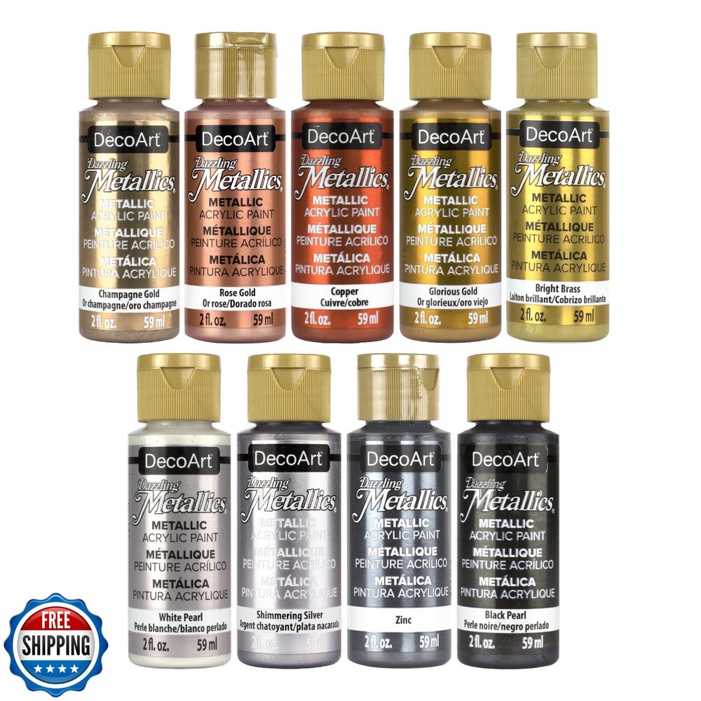 DecoArt Americana Acrylics Paint DAZZLING METALLICS, Starter Set of 9 Popular