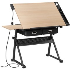 Adjustable Drafting Drawing Tiltable Table & Stool w/ 2 Drawers & Outlet Natural