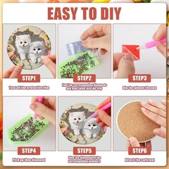8 Pcs Diamond Art Coasters Kits for Adults with Holder Cork Pads, Cat Diamond Pa