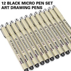 Muchcute Micro Fineliner Drawing Art Pens: 12 Black Fine Line 12 Tip Sizes