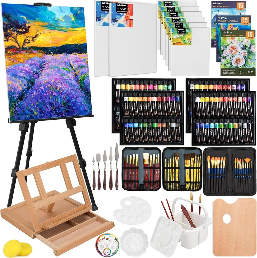 Nicpro 158PCS Deluxe Art Painting Kit with Metal and Solid Beech Wood Easel, Acr