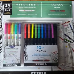 Zebra Sarasa .8mm Felt Tip 10 Pack Plus 5 Pack Zebra Mildliner Highlighters