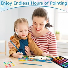 48 Color Solid Watercolor Paint Set with 3 Wooden Brushes Non Toxic Vibrant