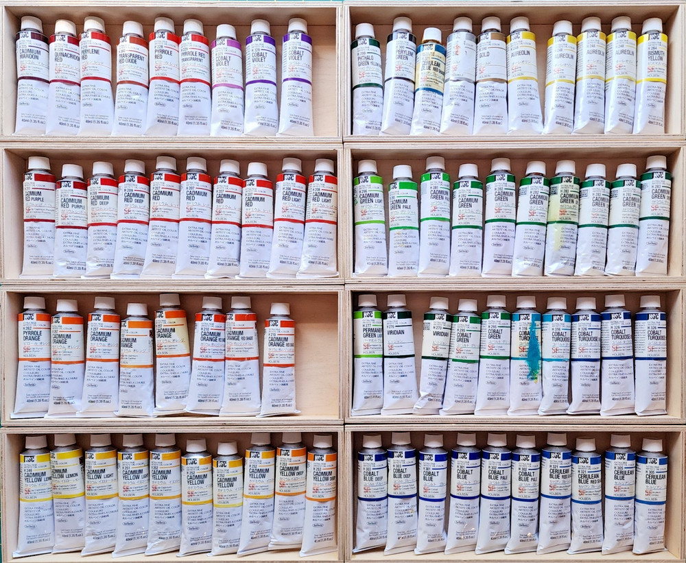 HOLBEIN ARTISTS’ OIL PAINT LOT – 77 x 40mL TUBES – ALL HIGH SERIES – $5K NEW