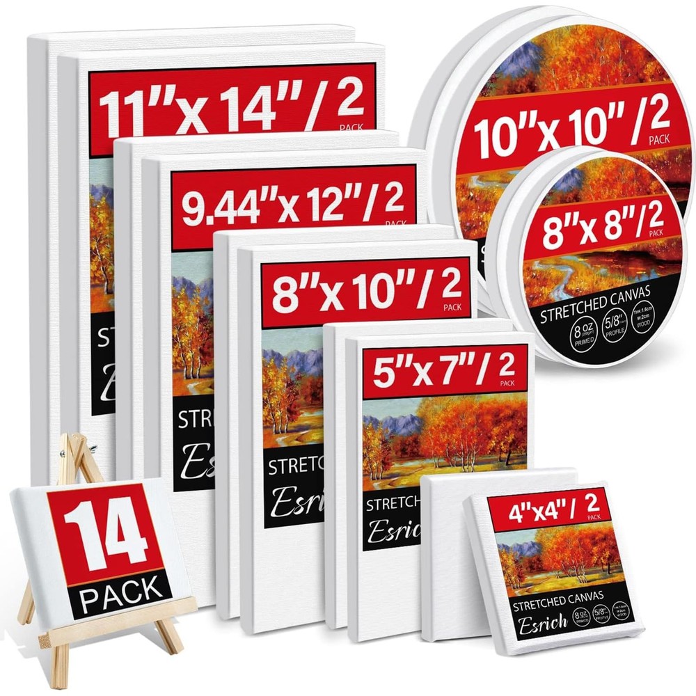 14 Packs Stretched Canvases for Painting, Multi Pack 11×14, 9.44×12, 8×10, 5x…