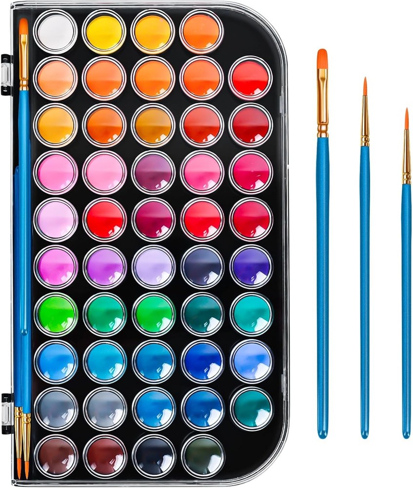 48 Color Solid Watercolor Paint Set with 3 Wooden Brushes – Non-Toxic, Vibrant &